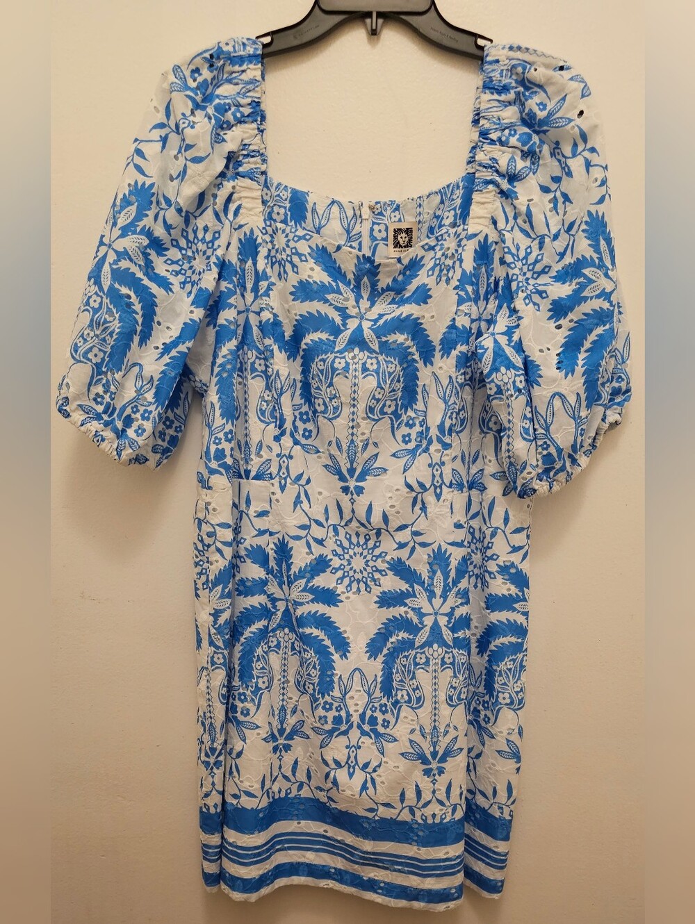 NWT- Anne Klein Blue & White Floral-Palm Puff Sleeve Dress